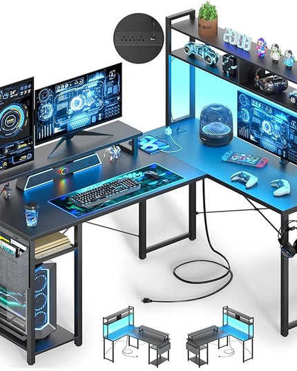 Small L Shaped Desk Gaming Desk with Power Outlets, 48" Reversible L Shaped LED Computer Desk with Monitor Stand & Storage Shelf, Corner Gamer Desk Home Office Desk with Storage Bag, Black - LeafyLoom