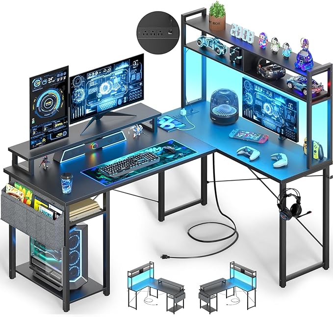 Small L Shaped Desk Gaming Desk with Power Outlets, 48" Reversible L Shaped LED Computer Desk with Monitor Stand & Storage Shelf, Corner Gamer Desk Home Office Desk with Storage Bag, Black - LeafyLoom