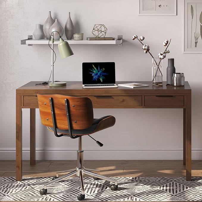 SIMPLIHOME Hollander SOLID WOOD 60 inch Wide Home Office Desk, Writing Table, Workstation, Study Table Furniture in Medium Saddle Brown with 2 Drawers - LeafyLoom