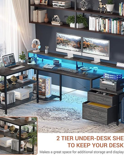 Aheaplus L Shaped Desk with File Drawer, 72.8" Reversible L Shaped Computer Desk with Power Outlet & LED Strip, Gaming Desk with Monitor Stand, Office Desk Corner Desk with Storage Shelf, Grey Oak - LeafyLoom