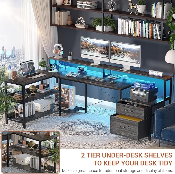 Aheaplus L Shaped Desk with File Drawer, 72.8" Reversible L Shaped Computer Desk with Power Outlet & LED Strip, Gaming Desk with Monitor Stand, Office Desk Corner Desk with Storage Shelf, Grey Oak - LeafyLoom