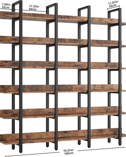 IRONCK Bookcase and Bookshelves Triple Wide 6-Tiers Large Open Shelves, Etagere Bookcases with Back Fence for Home Office Decor, Easy Assembly, Vintage Brown - LeafyLoom