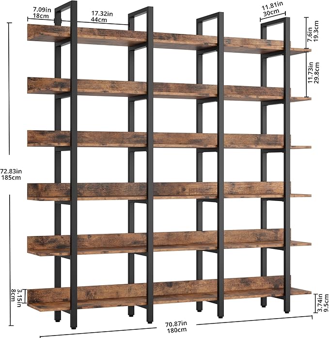 IRONCK Bookcase and Bookshelves Triple Wide 6-Tiers Large Open Shelves, Etagere Bookcases with Back Fence for Home Office Decor, Easy Assembly, Vintage Brown - LeafyLoom