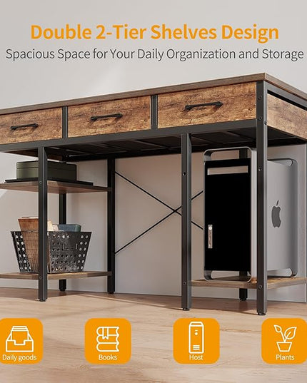 CubiCubi 47 Inch Computer Desk with 3 Drawers and Storage Shelves, Small Home Office Desk, Study Writing Table, Simple Desk for Bedroom, Rustic Brown - LeafyLoom