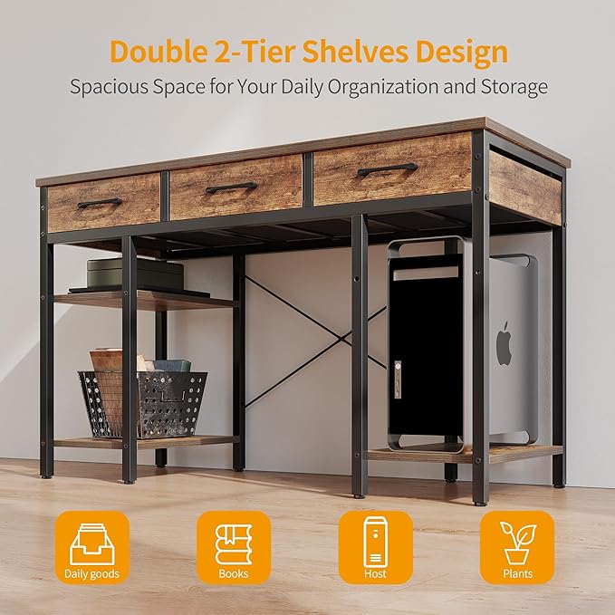 CubiCubi 47 Inch Computer Desk with 3 Drawers and Storage Shelves, Small Home Office Desk, Study Writing Table, Simple Desk for Bedroom, Rustic Brown - LeafyLoom