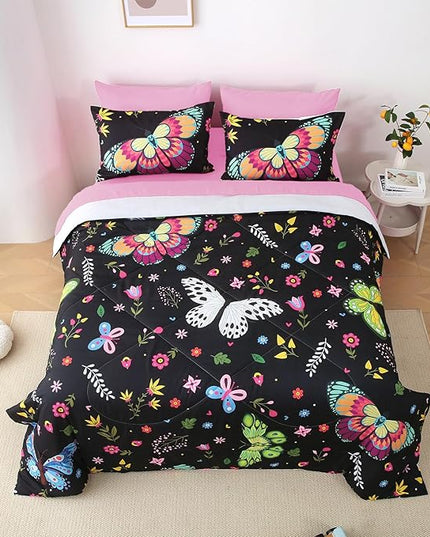 Girls Butterfly Comforter Set Twin Size Colorful Flowers Leaves Bedding Set for Kids Teens Black 7 Piece Bed in A Bag Super Soft All Season - LeafyLoom