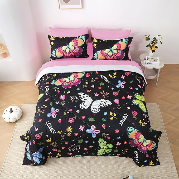 Girls Butterfly Comforter Set Twin Size Colorful Flowers Leaves Bedding Set for Kids Teens Black 7 Piece Bed in A Bag Super Soft All Season - LeafyLoom