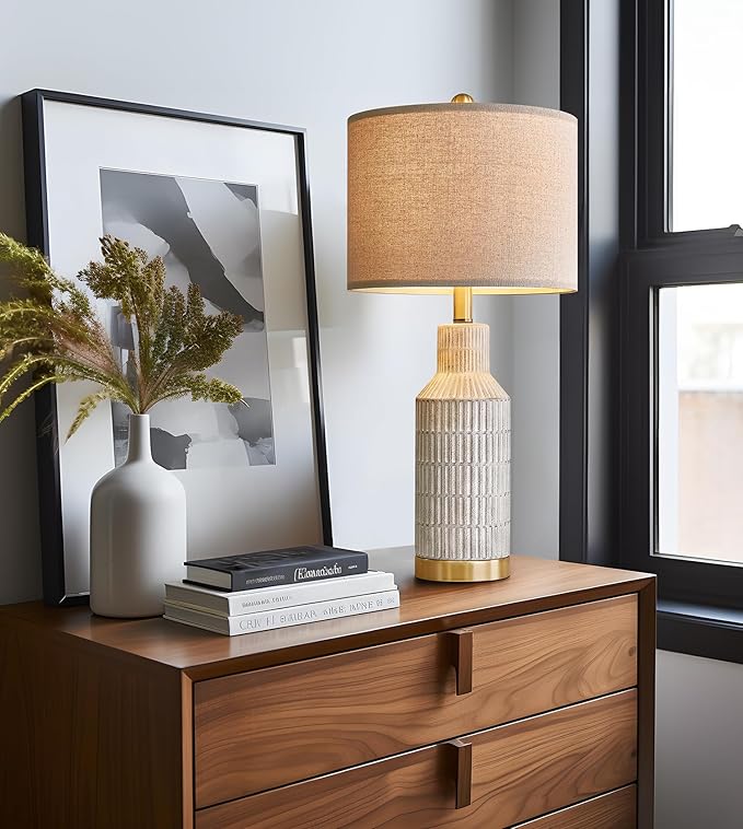 25" Table Lamps Set of 2 - Bedside Lamps - Modern Lamps for Living Room - White Washed Ceramic Bedroom Lamps Set of 2 - Nightstand Lamps - LeafyLoom