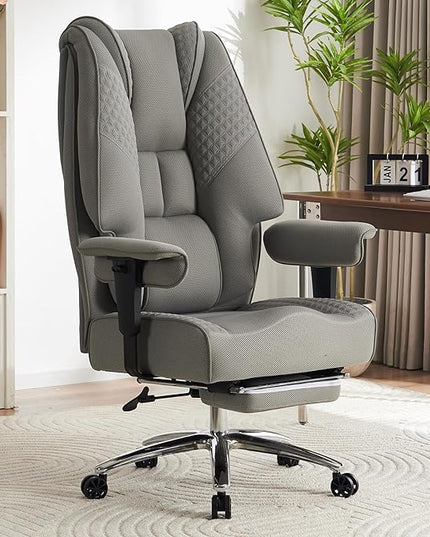 Big and Tall Office Chair 400lbs Wide Seat, Mesh High Back Executive Office Chair with Foot Rest, Ergonomic Office Chair Lumbar Support for Lower Back Pain Relief (Mesh Light Grey) - LeafyLoom