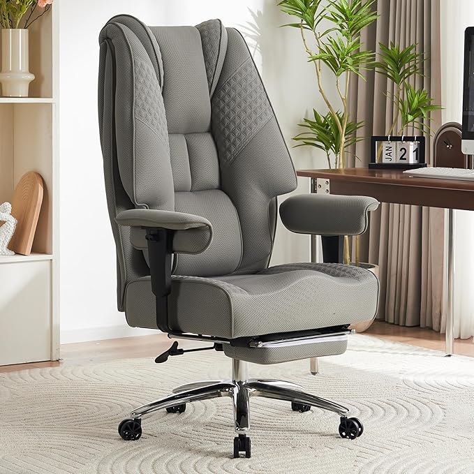 Big and Tall Office Chair 400lbs Wide Seat, Mesh High Back Executive Office Chair with Foot Rest, Ergonomic Office Chair Lumbar Support for Lower Back Pain Relief (Mesh Light Grey) - LeafyLoom