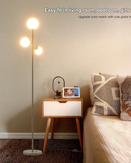 3 Globe Mid Modern Floor Lamp with Orb Frosted Glass Globe and 3000K Warm Light LED Bulbs, Cute Standing Tree Lamp for Living Room, Bedroom, Home & Office - Grey - LeafyLoom