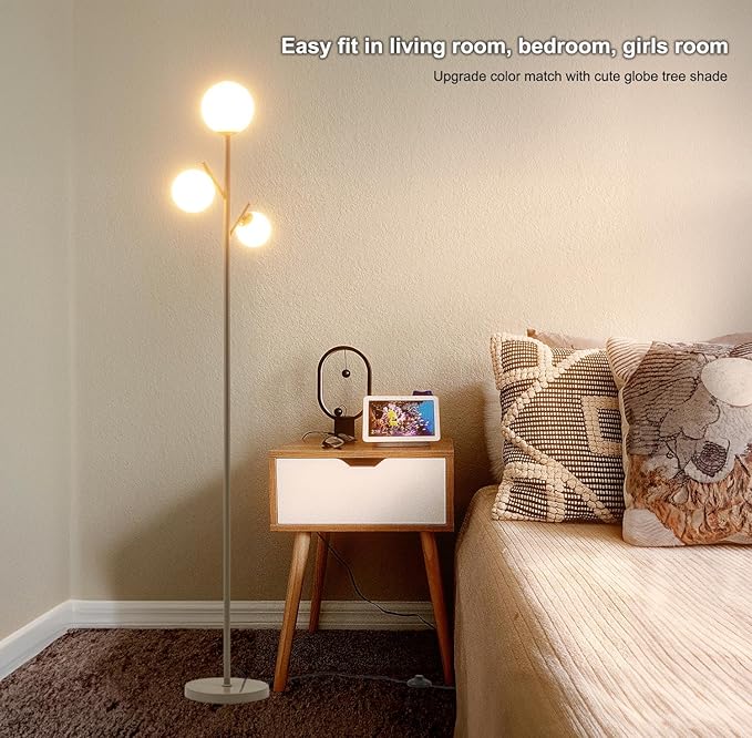 3 Globe Mid Modern Floor Lamp with Orb Frosted Glass Globe and 3000K Warm Light LED Bulbs, Cute Standing Tree Lamp for Living Room, Bedroom, Home & Office - Grey - LeafyLoom