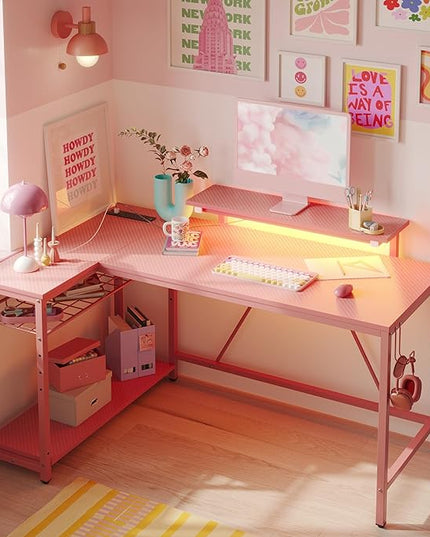 Bestier 52" Gaming Desk with Integrated Power Outlet & USB Ports, L-Shaped Computer Desk with LED Strip & Headphone Hooks, Perfect for Home Office Pink - LeafyLoom