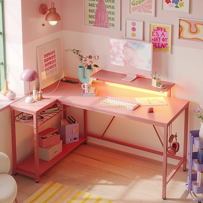 Bestier 52" Gaming Desk with Integrated Power Outlet & USB Ports, L-Shaped Computer Desk with LED Strip & Headphone Hooks, Perfect for Home Office Pink - LeafyLoom