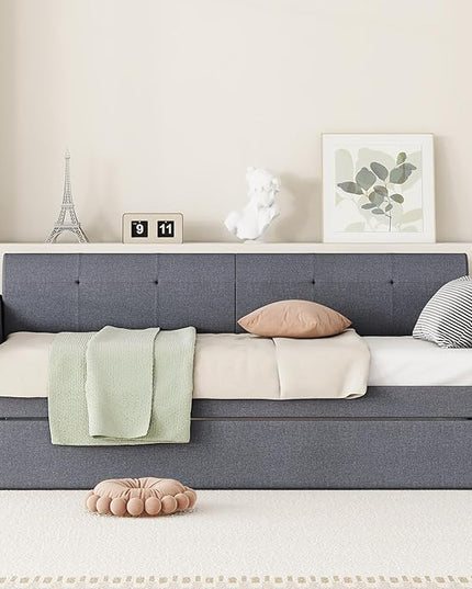 Twin Size Daybed Frame with Pop-up Trundle,Upholstered Day Bed Twin with Charging Station,Wood Sofa Bed Frame with USB for Bedroom,Living Room,Guest(Twin,Gray) - LeafyLoom