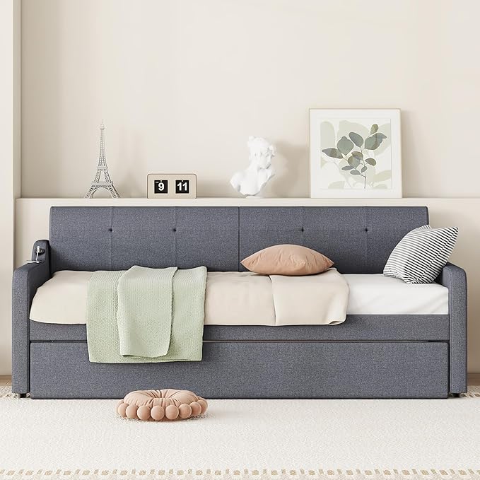Twin Size Daybed Frame with Pop-up Trundle,Upholstered Day Bed Twin with Charging Station,Wood Sofa Bed Frame with USB for Bedroom,Living Room,Guest(Twin,Gray) - LeafyLoom