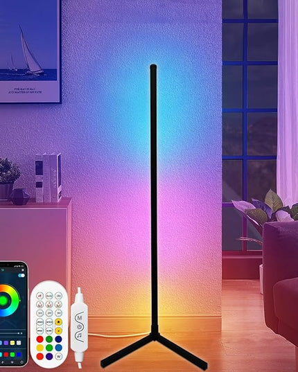 RGB Corner Floor Lamp, Color Changing Mood Lighting with App and Remote Control, Music Sync/DIY Colors, Modern LED Floor Lamp for Bedroom Living Rooms Gaming Room, 16 Million Colors & Scene Mode - LeafyLoom