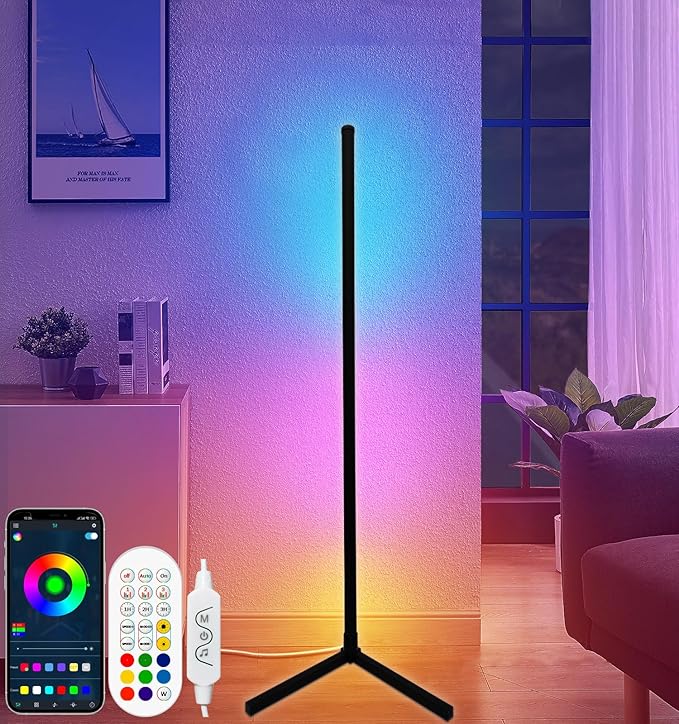 RGB Corner Floor Lamp, Color Changing Mood Lighting with App and Remote Control, Music Sync/DIY Colors, Modern LED Floor Lamp for Bedroom Living Rooms Gaming Room, 16 Million Colors & Scene Mode - LeafyLoom