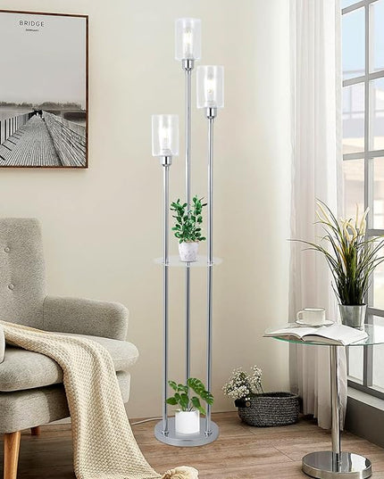HMVPL Crystal Floor Lamps for Living Room, Modern Floor Lamp with Shelves, 3-Lights Standing Lamp with Crystal Shade, On/Off Foot Switch, Silver Corner Floor Lamp for Bedroom Living Room Office(66") - LeafyLoom