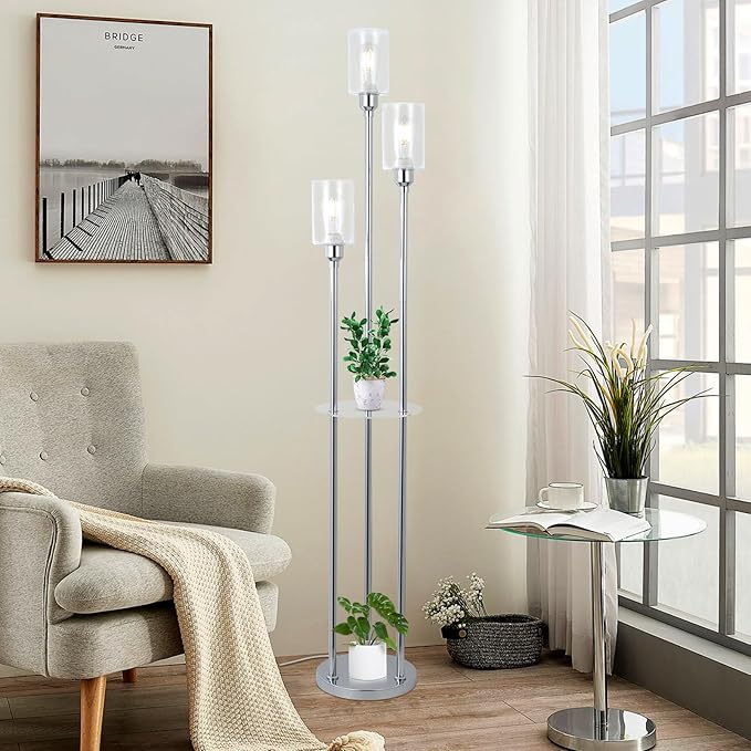 HMVPL Crystal Floor Lamps for Living Room, Modern Floor Lamp with Shelves, 3-Lights Standing Lamp with Crystal Shade, On/Off Foot Switch, Silver Corner Floor Lamp for Bedroom Living Room Office(66") - LeafyLoom