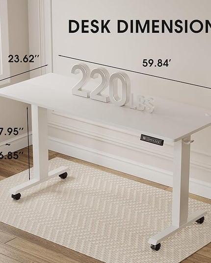 Electric Standing Desk 60 Inch, Ergonomic Height Adjustable Table with T-Shaped Metal Bracket Modern Computer Workstations for Home Office, White - LeafyLoom
