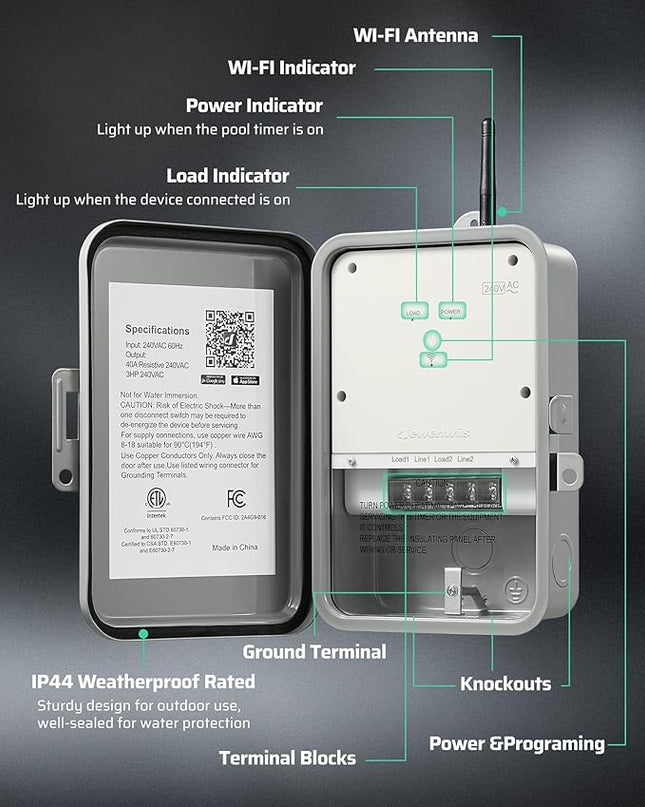 DEWENWILS Pool Pump Timer, Outdoor Smart WiFi Box, Heavy Duty 40A 240VAC 3HP Wireless Controller Timer for Pool, Water Heater, Compatible with Smart Phone, Alexa, Google Assistant, ETL Listed DEWENWILS