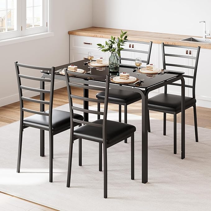 IDEALHOUSE Dining Table for 4, Small Table and Chairs Set of 4, Dinette Set for 4, Square Dinner Table Set, 3 Piece Kitchen & Dining Room Sets for Small Space (Glass, Dining Table with 4 Chairs) - LeafyLoom