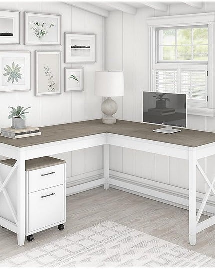 Bush Furniture Key West 60W L Shaped Desk with 2 Drawer Mobile File Cabinet in Pure White and Shiplap Gray - LeafyLoom