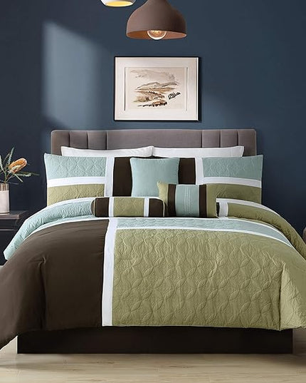 Chezmoi Collection 7-Piece Quilted Patchwork Comforter Set, Coffee Brown/Aqua Blue/Sage Green, Queen - LeafyLoom