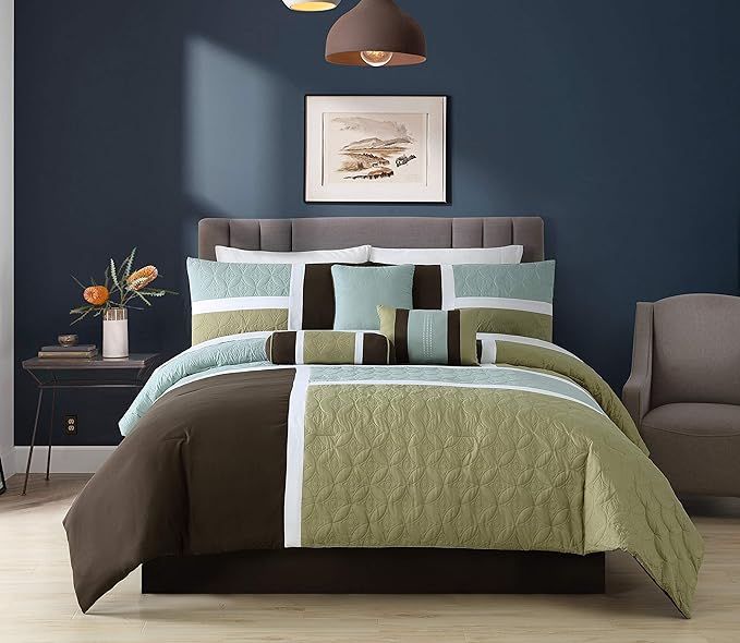 Chezmoi Collection 7-Piece Quilted Patchwork Comforter Set, Coffee Brown/Aqua Blue/Sage Green, Queen - LeafyLoom