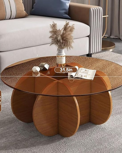 Modern Round Coffee Table with Solid Wood Legs, 31.5'' Glass Coffee Tables for Living Room Rustic Circle Center Cocktail Table with Tempered Glass-Top, Unique Accent Table for Small Spaces - LeafyLoom