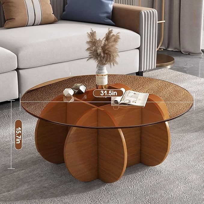 Modern Round Coffee Table with Solid Wood Legs, 31.5'' Glass Coffee Tables for Living Room Rustic Circle Center Cocktail Table with Tempered Glass-Top, Unique Accent Table for Small Spaces - LeafyLoom