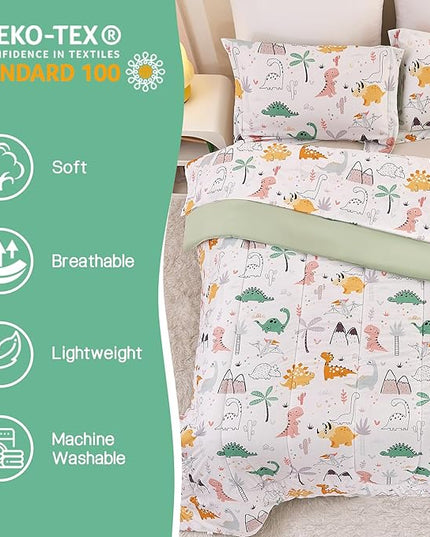 Dinosaur Kids Comforter Set for Boys Twin, Cute Reversible Quilted Dino Printed Bedding Set with Pillow Sham, Lightweight Soft Breathable Machine Washable Bed Set 2 Piece - LeafyLoom