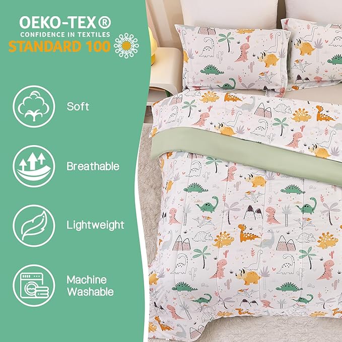 Dinosaur Kids Comforter Set for Boys Twin, Cute Reversible Quilted Dino Printed Bedding Set with Pillow Sham, Lightweight Soft Breathable Machine Washable Bed Set 2 Piece - LeafyLoom