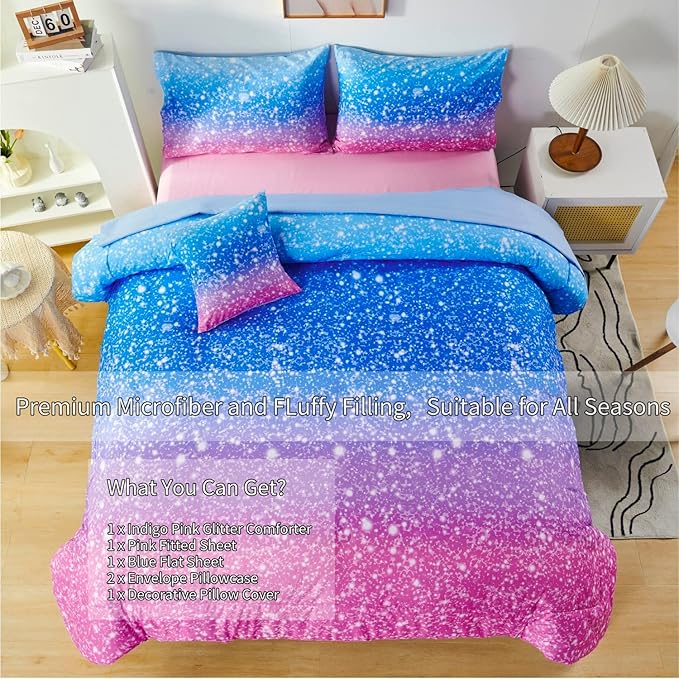 RYNGHIPY 6Pcs Sparkle Gradient Glitter Comforter Sets, Ombre Indigo Pink Gradient Bedding Set for Boys Girls, Rainbow Bed in A Bag Full Size - LeafyLoom