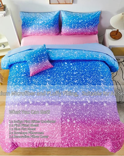 RYNGHIPY 6Pcs Sparkle Gradient Glitter Comforter Sets, Ombre Indigo Pink Gradient Bedding Set for Boys Girls, Rainbow Bed in A Bag Queen Size - LeafyLoom