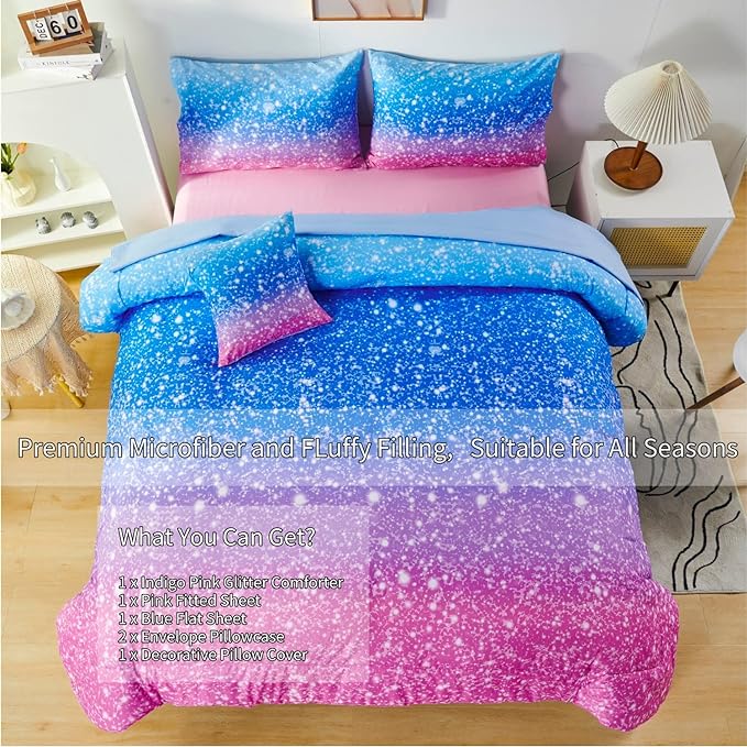 RYNGHIPY 6Pcs Sparkle Gradient Glitter Comforter Sets, Ombre Indigo Pink Gradient Bedding Set for Boys Girls, Rainbow Bed in A Bag Twin Size - LeafyLoom
