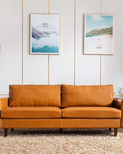Dreamsir 80'' Faux Leather Sofa Couch, Mid-Century Modern Sofa with Solid Wooden Frame & Padded Cushions, 3-Seater Couch for Living Room, Apartment, Lounge Room (Camel) - LeafyLoom