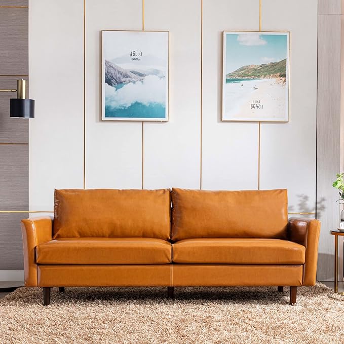 Dreamsir 80'' Faux Leather Sofa Couch, Mid-Century Modern Sofa with Solid Wooden Frame & Padded Cushions, 3-Seater Couch for Living Room, Apartment, Lounge Room (Camel) - LeafyLoom