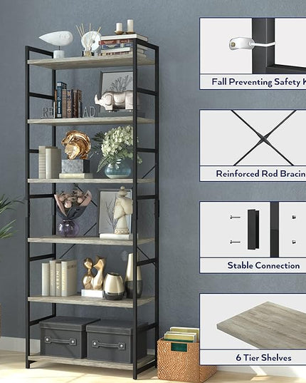 NUMENN 6 Tier Bookshelf, Tall Bookcase Shelf Storage Organizer, Modern Book Shelf for Bedroom, Living Room and Home Office, Grey - LeafyLoom