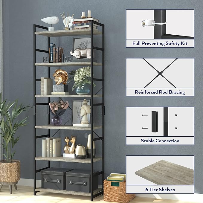 NUMENN 6 Tier Bookshelf, Tall Bookcase Shelf Storage Organizer, Modern Book Shelf for Bedroom, Living Room and Home Office, Grey - LeafyLoom