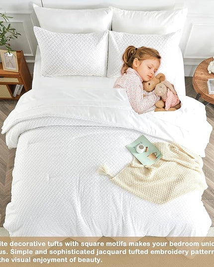 Queen Size Tufted Kids Comforter Set 7 Piece White Jacquard Tufts Embroidery Bedding Set for Boys Girls Bed in A Bag Quilt with 1 Comforter, 1 Flat Sheet, 1 Fitted Sheet, 2 Pillowcase, 2 Pillow Sham - LeafyLoom