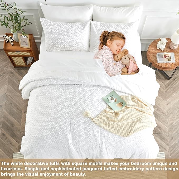 Queen Size Tufted Kids Comforter Set 7 Piece White Jacquard Tufts Embroidery Bedding Set for Boys Girls Bed in A Bag Quilt with 1 Comforter, 1 Flat Sheet, 1 Fitted Sheet, 2 Pillowcase, 2 Pillow Sham - LeafyLoom