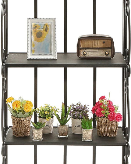 MyGift Black Metal Freestanding Shelf Rack, Decorative Bakers Rack Bookshelf Storage Shelf Unit with Metal Scrollwork Frame, Indoor Plant Pot Display Stand with 4 Wood Shelves - LeafyLoom