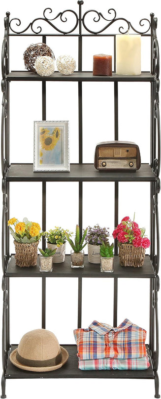 MyGift Black Metal Freestanding Shelf Rack, Decorative Bakers Rack Bookshelf Storage Shelf Unit with Metal Scrollwork Frame, Indoor Plant Pot Display Stand with 4 Wood Shelves - LeafyLoom