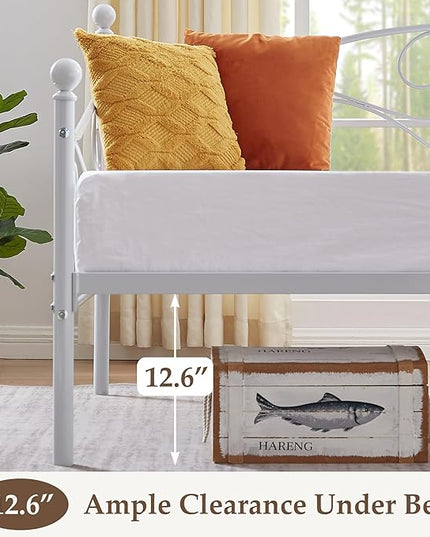 VECELO Daybed Frame, Twin Size Metal Platform Sofa Bed Mattress Foundation with Headboard, Heavy-Duty Steel Slat Support for Bedroom Living/Guest Room, Easy Assembly, White - LeafyLoom