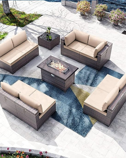 Kullavik 10 Pieces Outdoor Patio Furniture Set with 43" Gas Propane Fire Pit Table PE Wicker Rattan Sectional Sofa Patio Conversation Sets,Sand - LeafyLoom