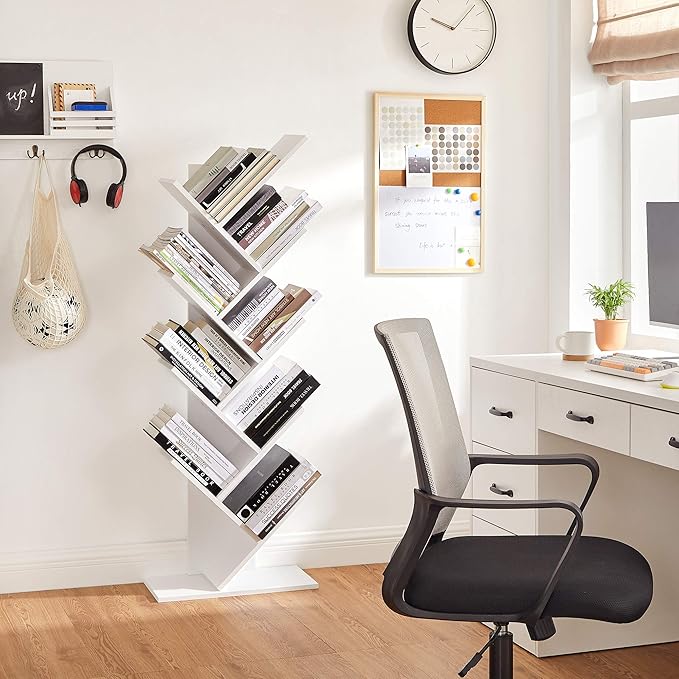 VASAGLE Tree Bookshelf, 9-Tier Bookcase, Large Bookshelf, Space-Saving Corner Shelf, Book Tree, Holds Books, CDs, Games, for Bedroom, Living Room, Home Office, Cloud White ULBC11WTV1 - LeafyLoom