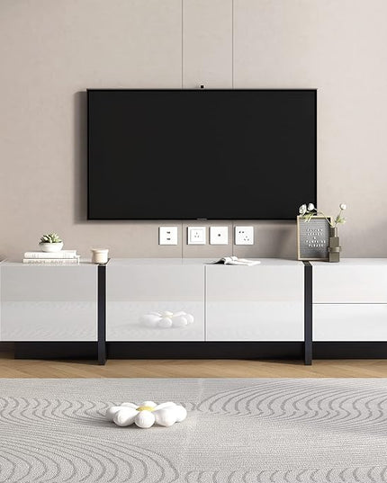 75 Inch TV Stand, Contemporary TV Table with Drawers and High Gloss UV Surface for TVs Up to 80'', Rectangle Entertainment Center with Ample Storage Space for Living Room, White - LeafyLoom