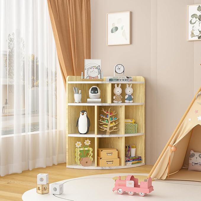 Vecelo 3-Tier Corner Cabinet with 8 Cubbies, Wooden Cube Storage Organizer, Modern Bookshelf Units for Playroom, Bedroom, Living Room, Marble White - LeafyLoom